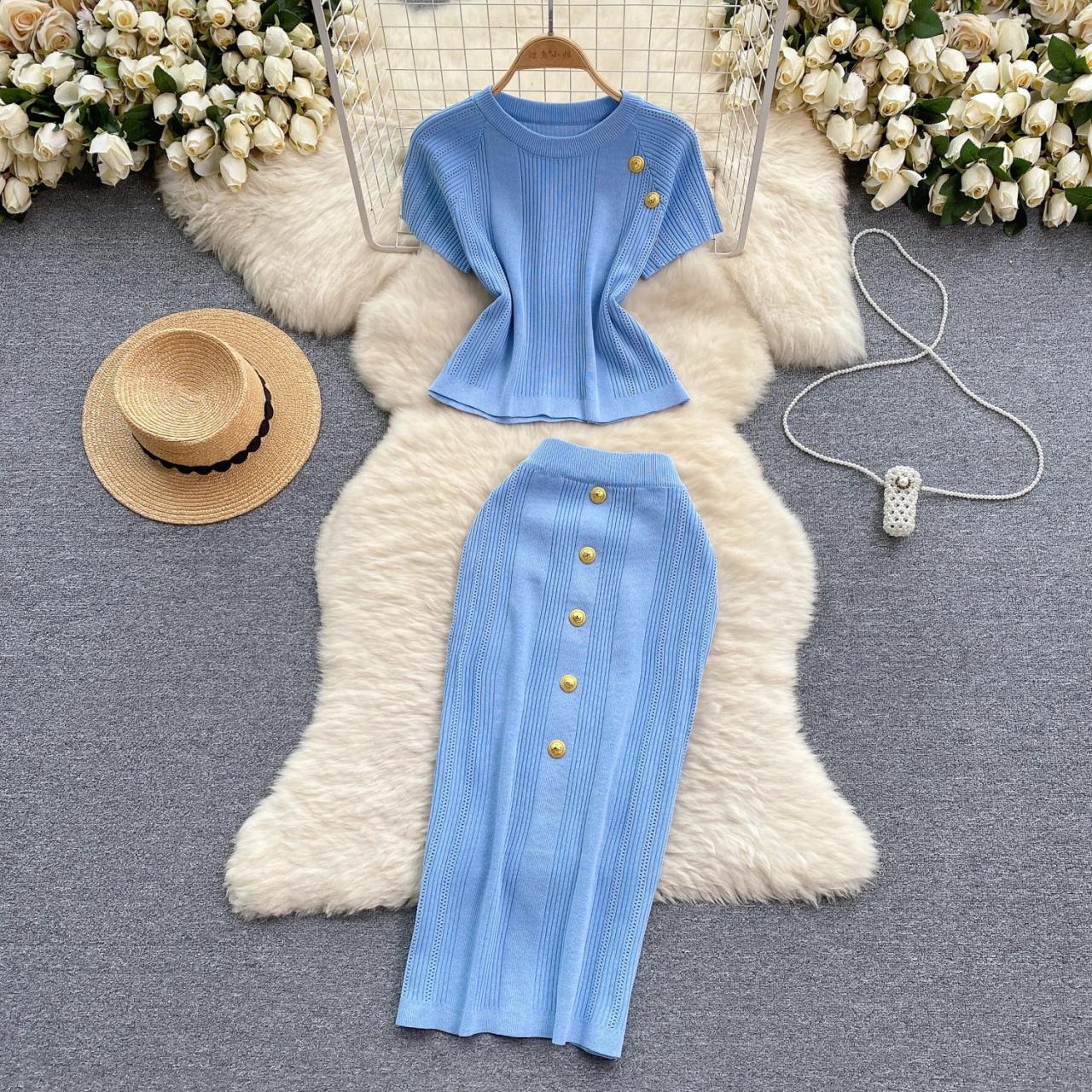 Blue Ribbed Knit Dress With Gold Buttons