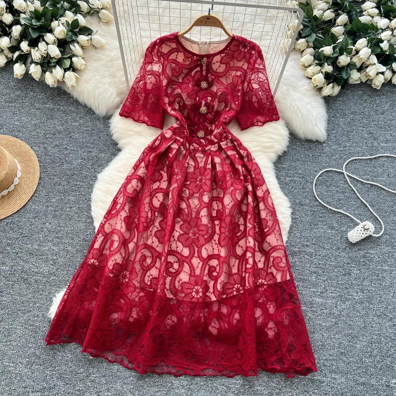 red lace dress with belt Lace Floral Red Midi Dress With Belt Decoration