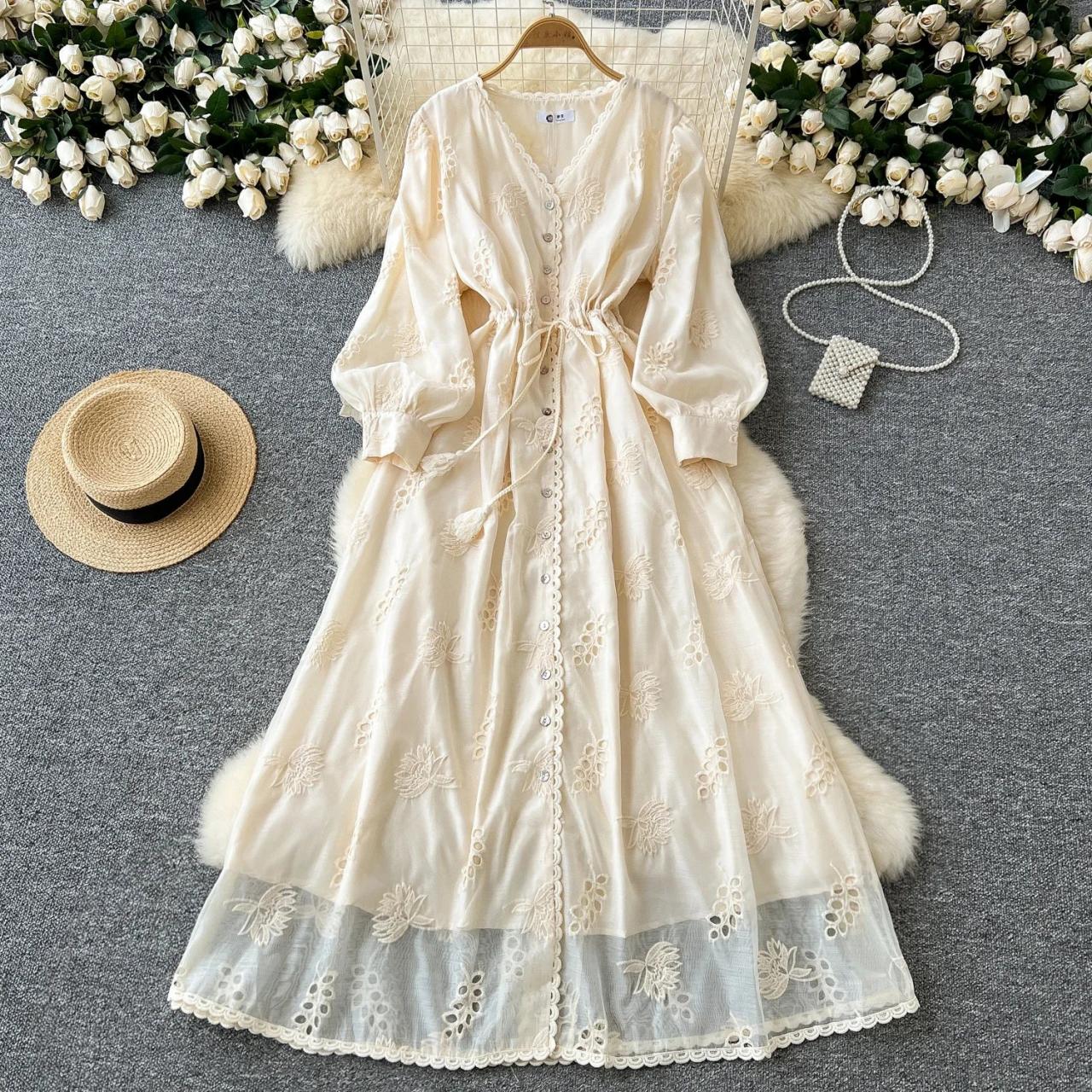 Bohemian Long Sleeve Embroidered Lace Maxi Dress