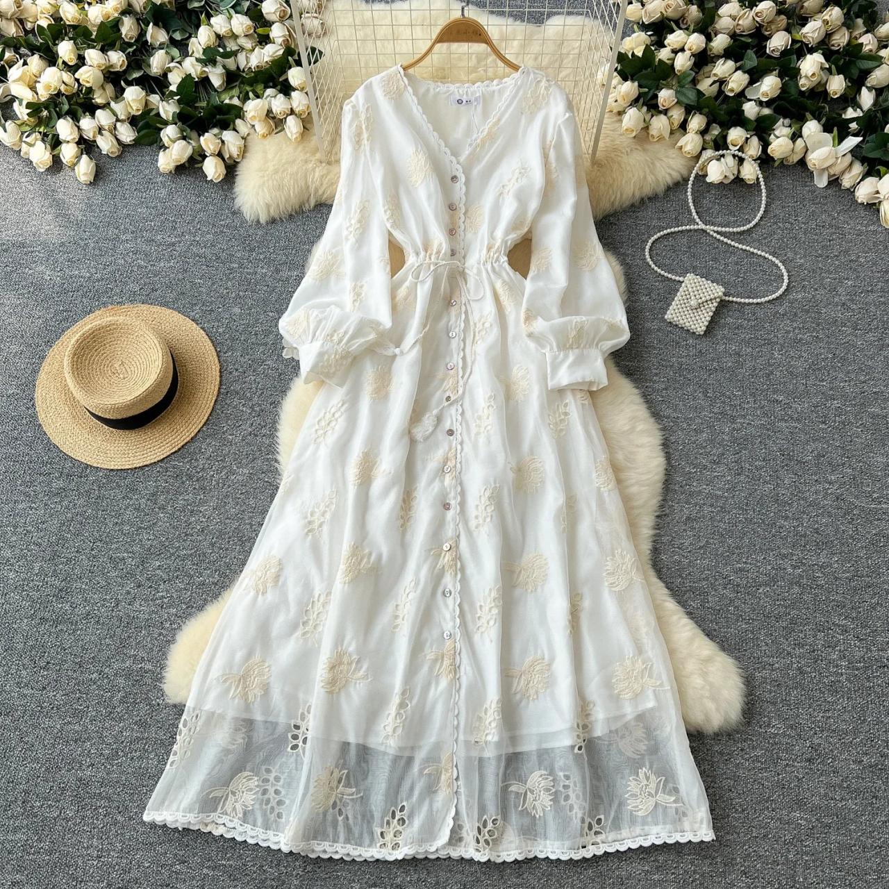 Bohemian Long Sleeve Embroidered Lace Maxi Dress