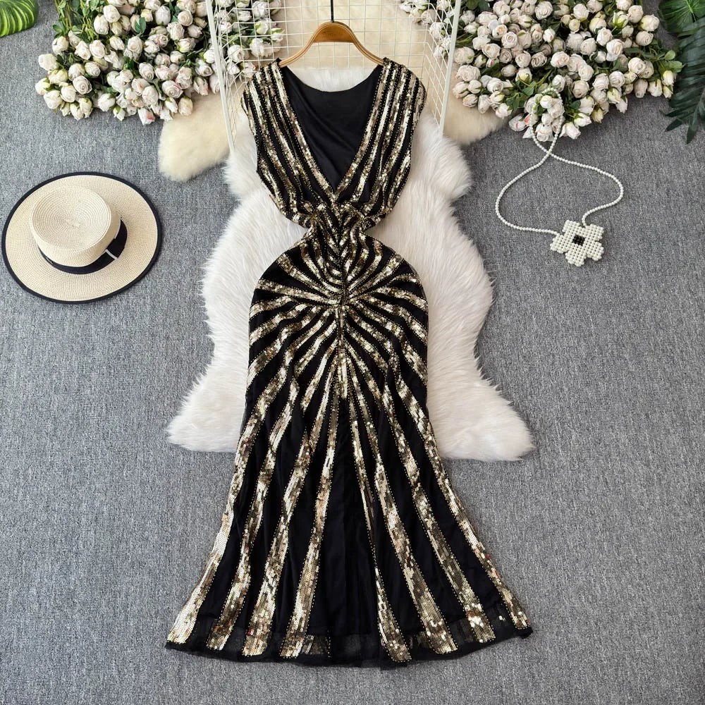 Black Sequin Striped Sleeveless Bodycon Evening Gown on Luulla