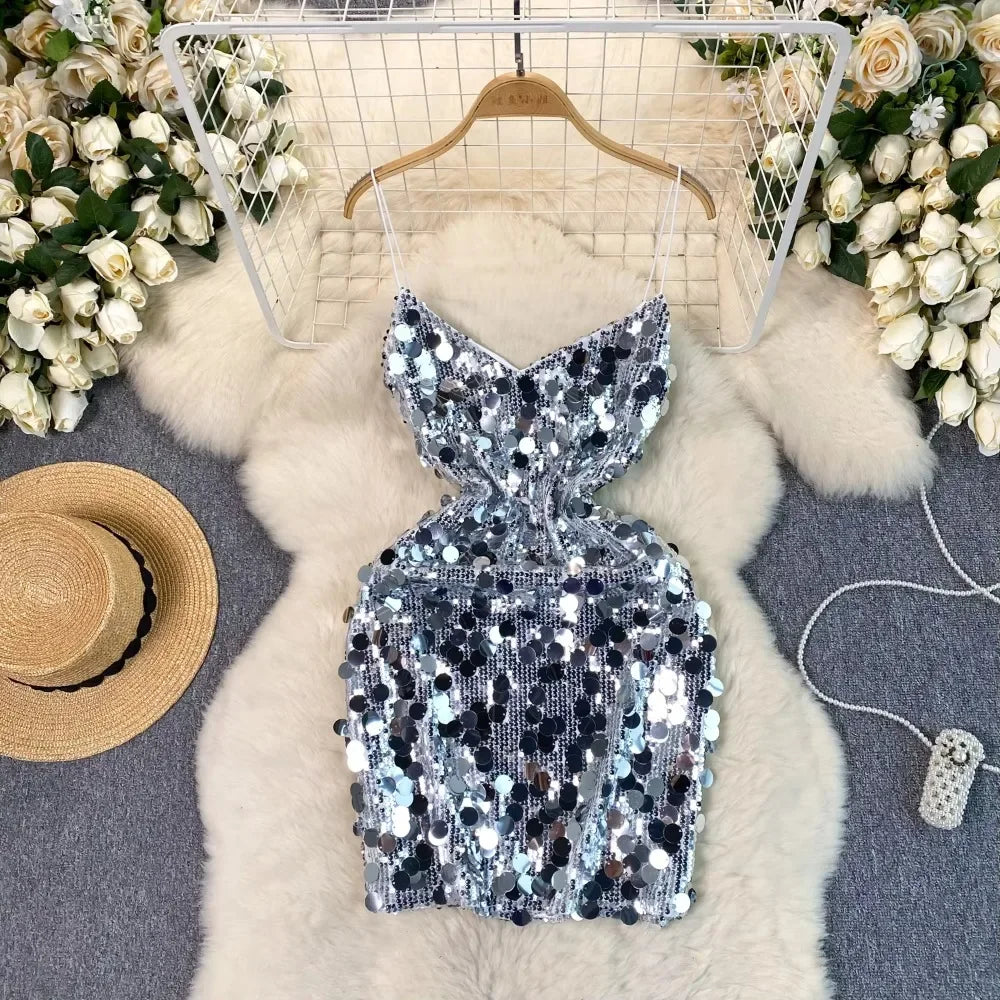 Silver Sequin Spaghetti Strap Bodycon Mini Dress