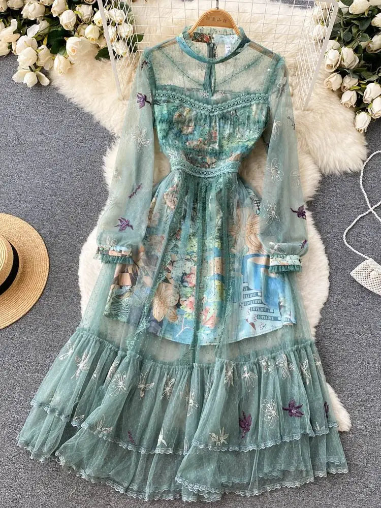 Vintage Floral Embroidered Sheer Long Sleeve Dress