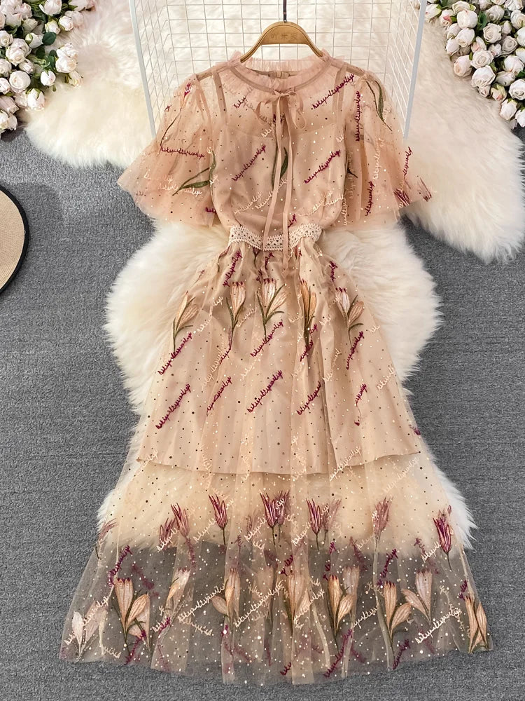 Floral Embroidered Sheer Mesh Dress With Belt