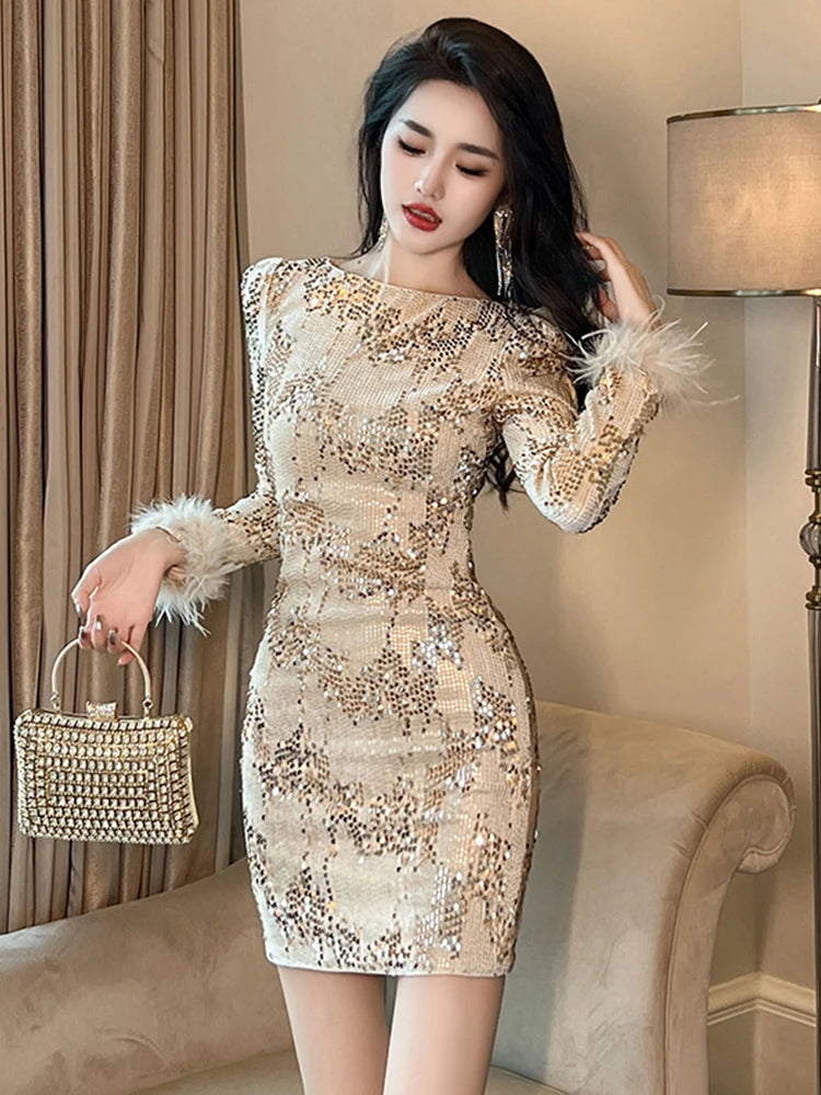 knee length dresses for ladies Runway Luxury Party Night Mini Dresses Sexy Deep V neck Shiny Glitter –  ASHORE SHOP main image 0