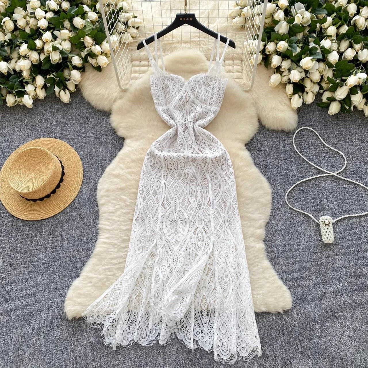 Spaghetti Strap White Lace Long Summer Dress