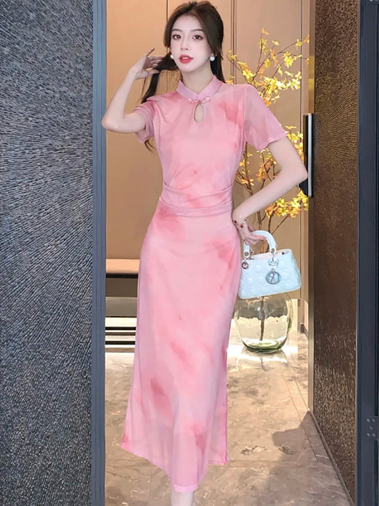 pink tie dye midi dress Chic Pink Tie-dye Midi Dress With Cutout