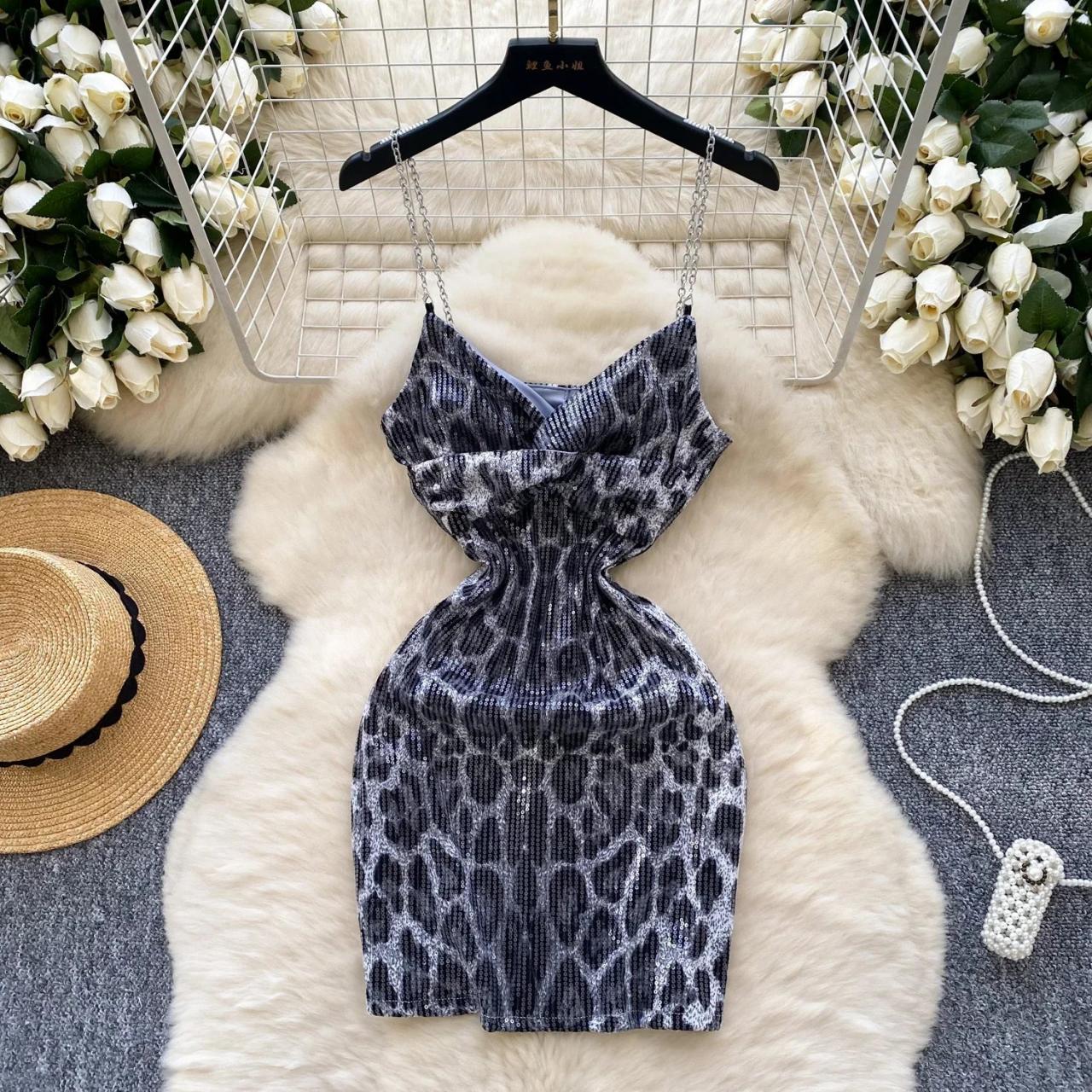 Leopard Print Sequin Bodycon Dress, Chain Straps on Luulla