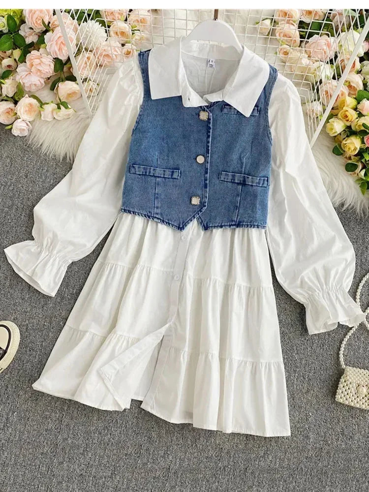Denim Vest White Layered Dress Long Sleeves