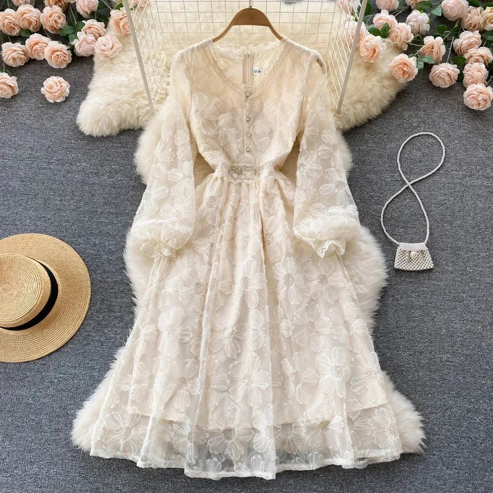 Floral Lace Long-sleeve Button-up Maxi Dress on Luulla