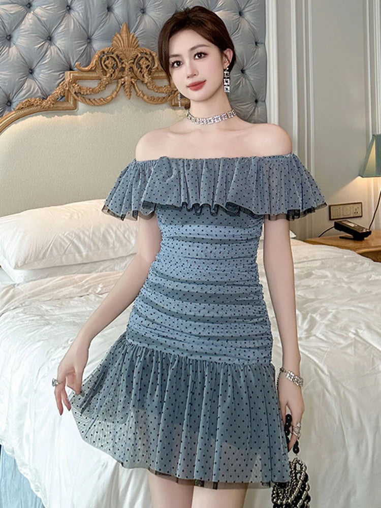 Off-shoulder Ruffled Polka Dot Chiffon Dress