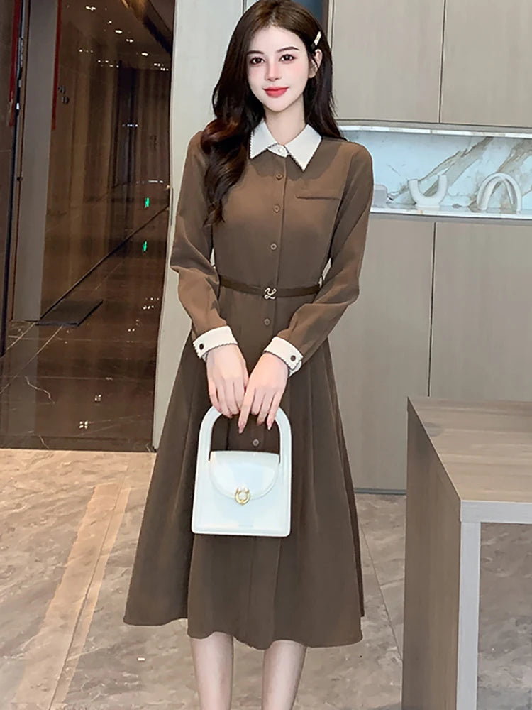Classic Brown Collared Long-sleeve Midi Dress