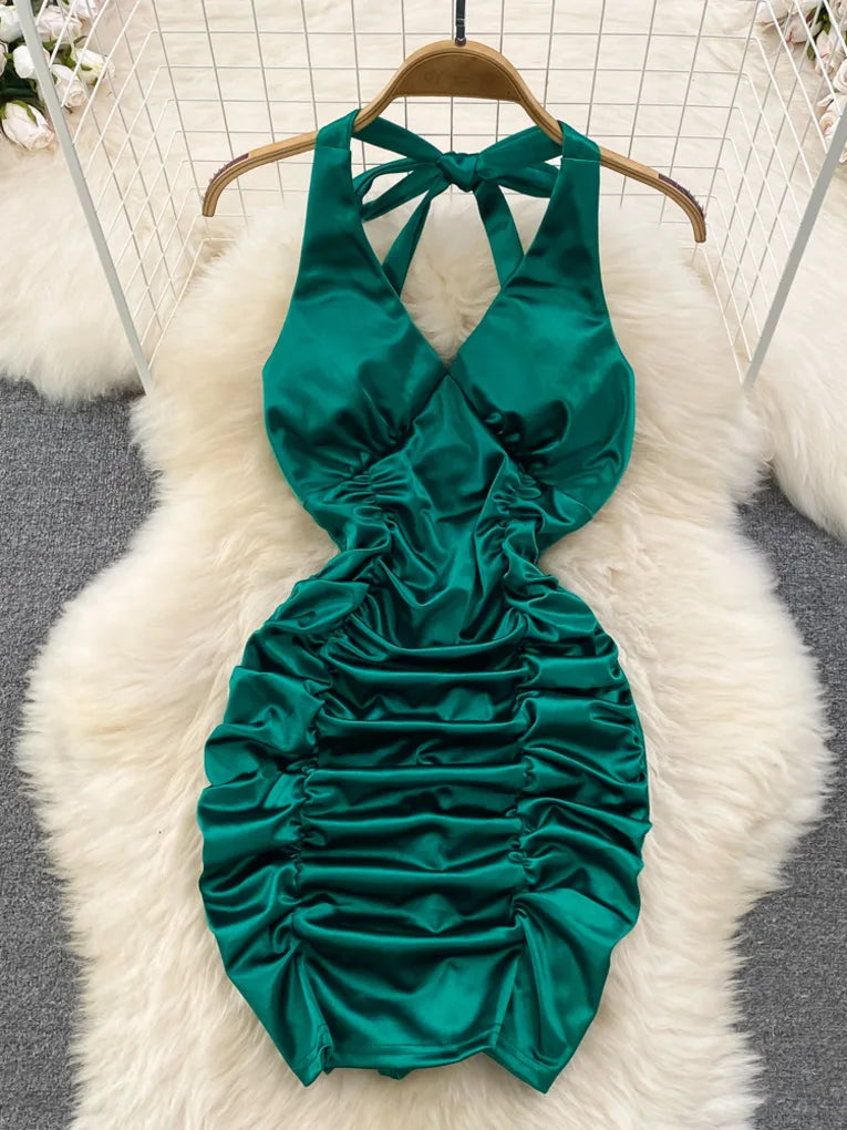 Halter Neck Green Satin Ruched Bodycon Dress