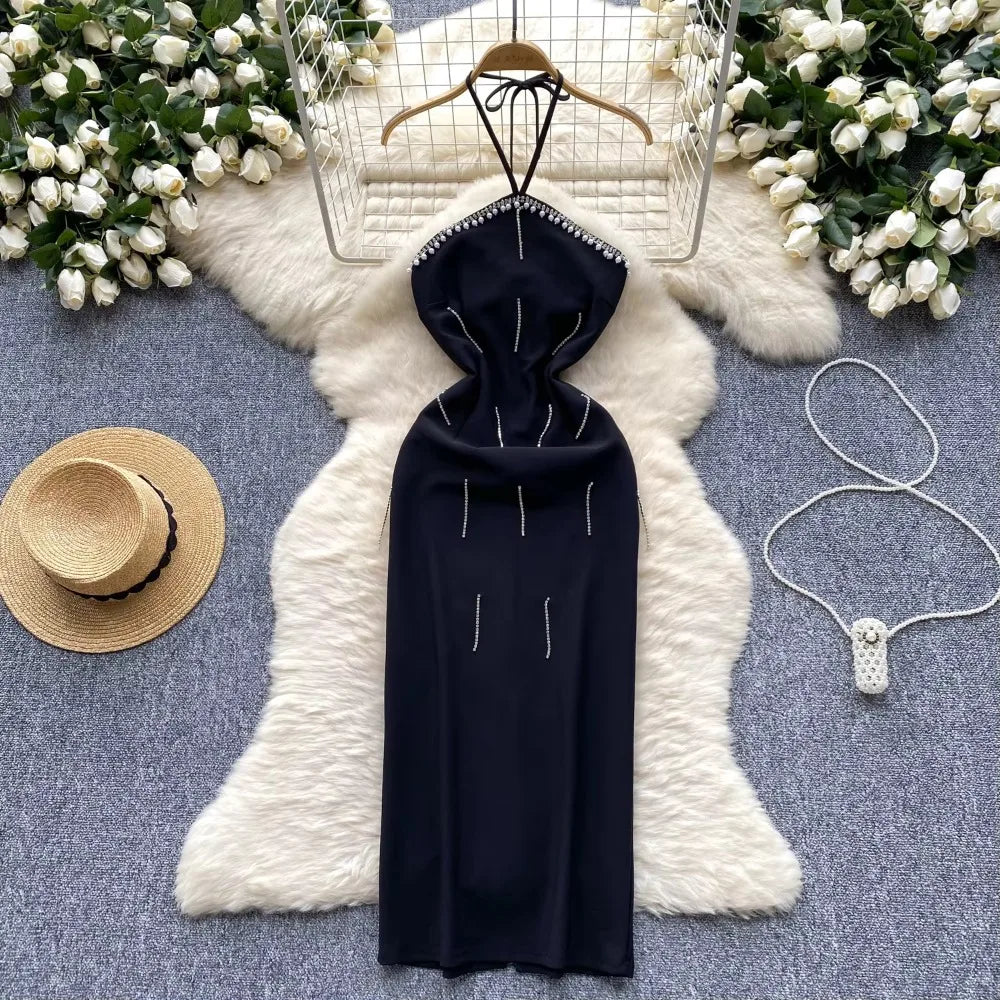 Sleeveless Black Dress With Rhinestone Halter Neck