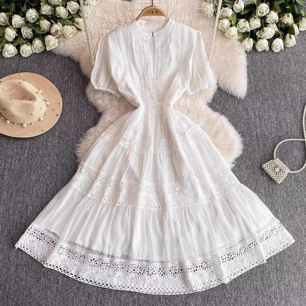 Lace Short Sleeve White Maxi Summer Dress
