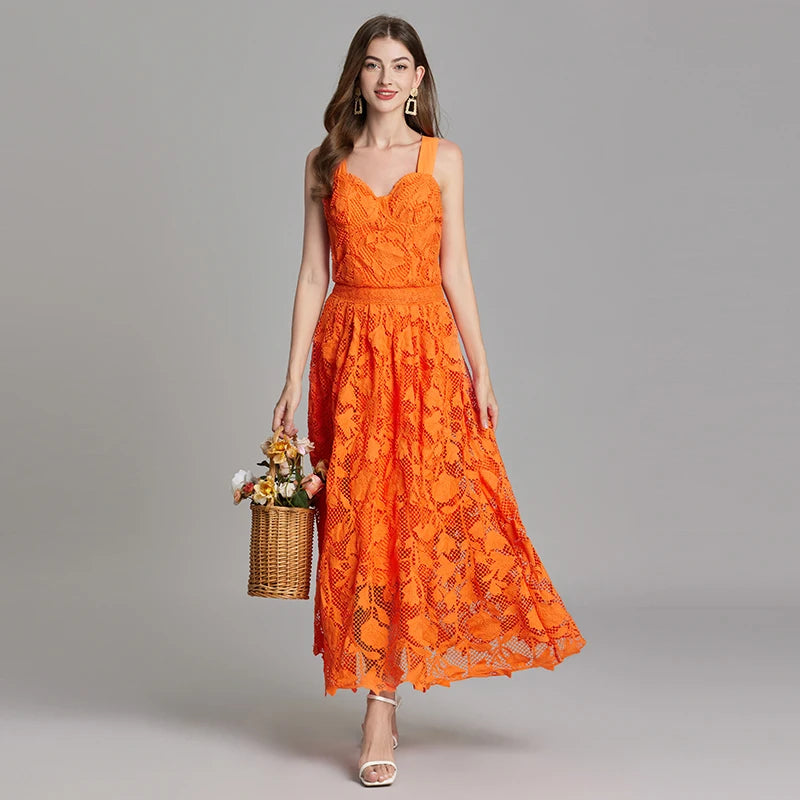 Orange Sleeveless Lace Maxi Dress With Floral Design on Luulla