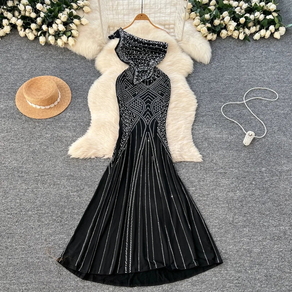 Rhinestone One-shoulder Black Gown, Party Dress