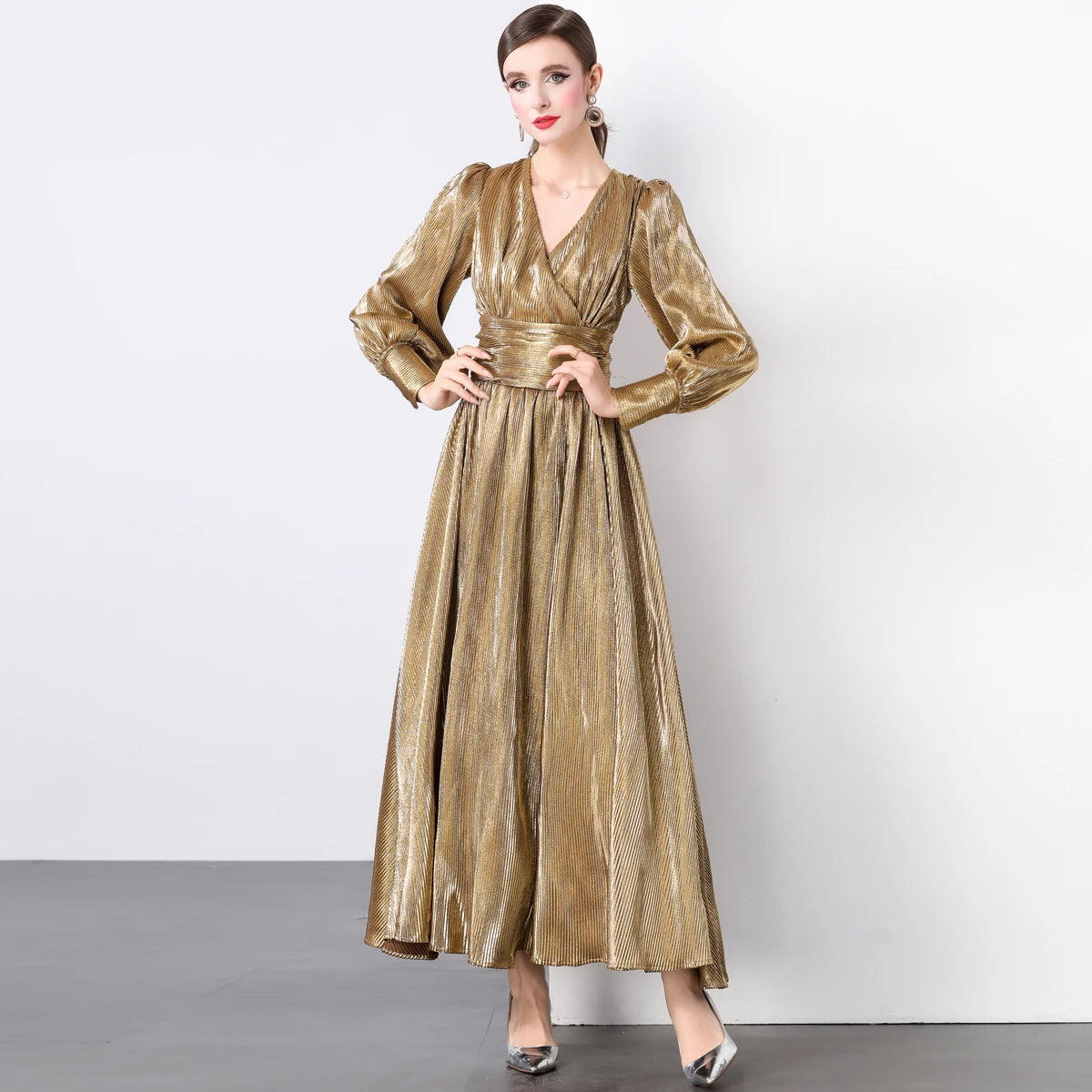 Shimmering Gold Metallic Long-sleeve Maxi Gown