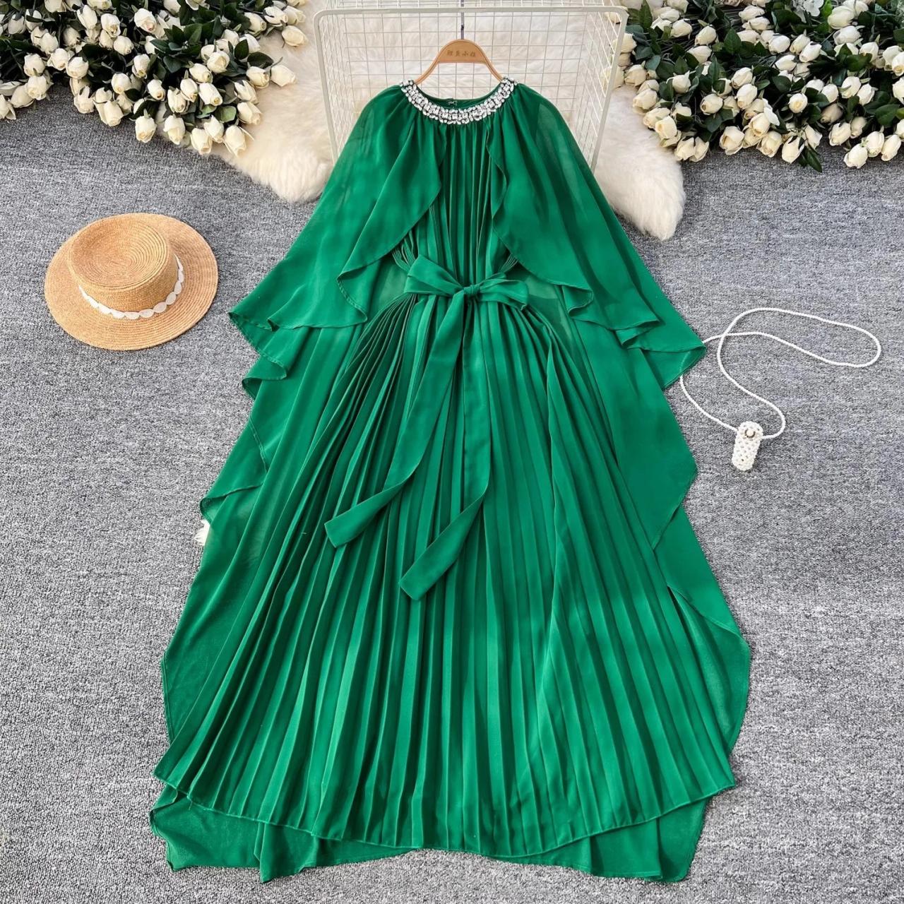 Green Satin Pleated Dress With Pearl Embellishment on Luulla
