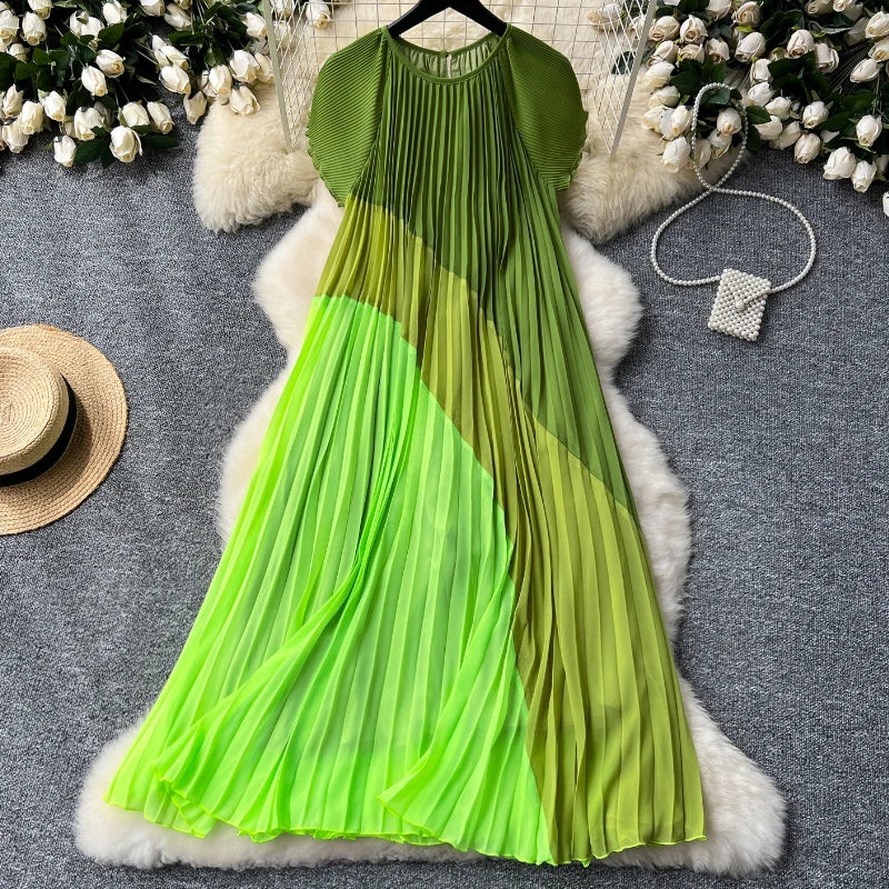 Vibrant Pleated Two-tone Green Maxi Dress