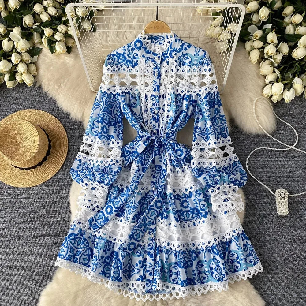 Floral Blue Lace Long Sleeve Cutout Dress