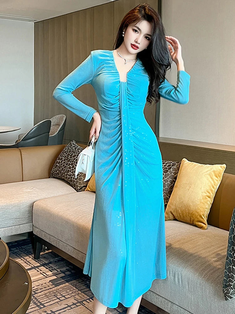 knee length dresses for ladies Island Time One-Shoulder Midi Dress Satin Aqua– Selfie Leslie main image 0