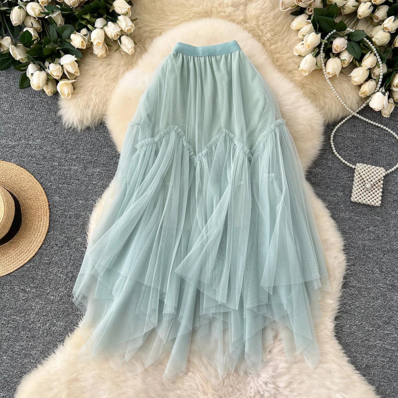 Flowing Mint Green Tulle Layered Maxi Skirt - Main Image
