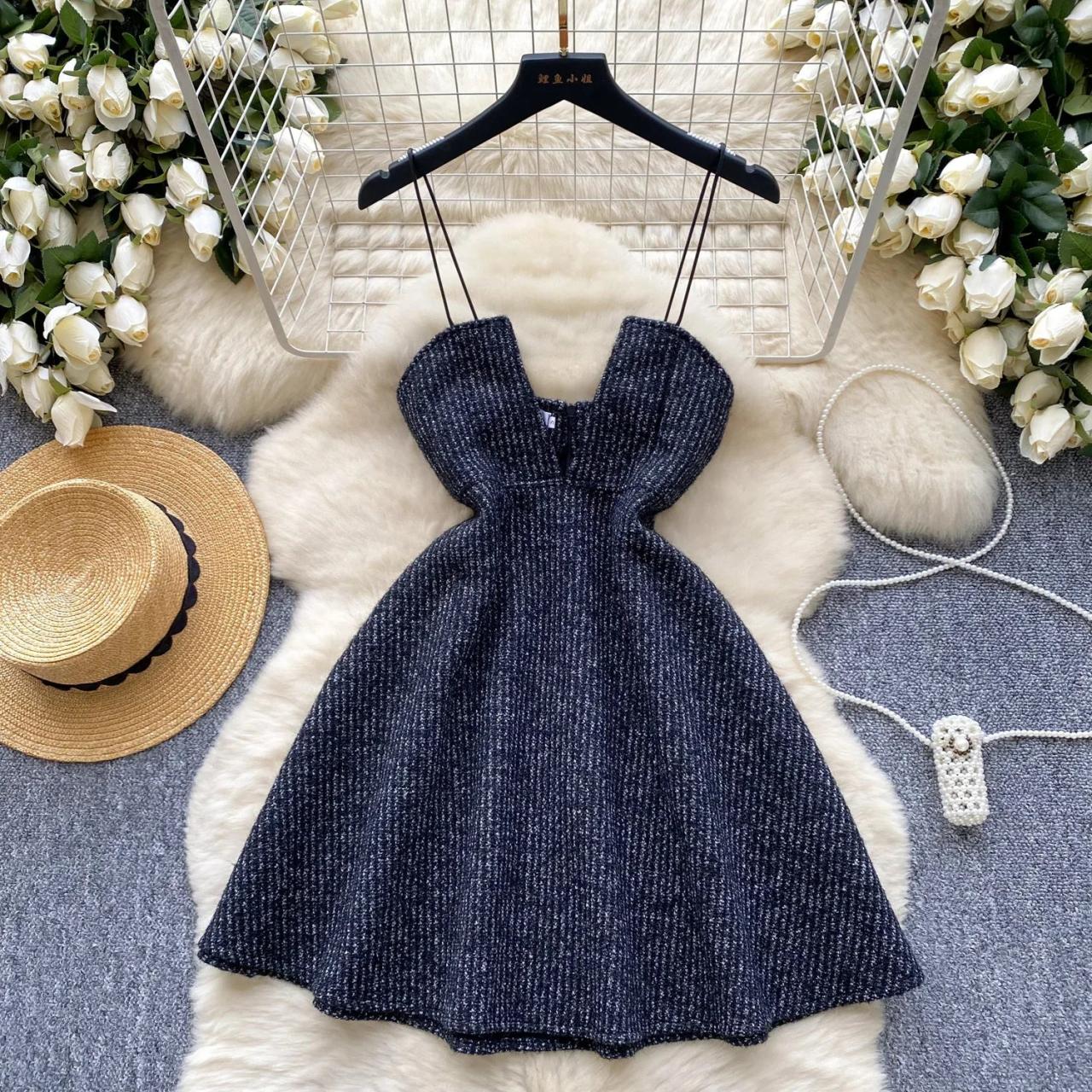 Strappy Dark Tweed Sundress With Flare Skirt on Luulla