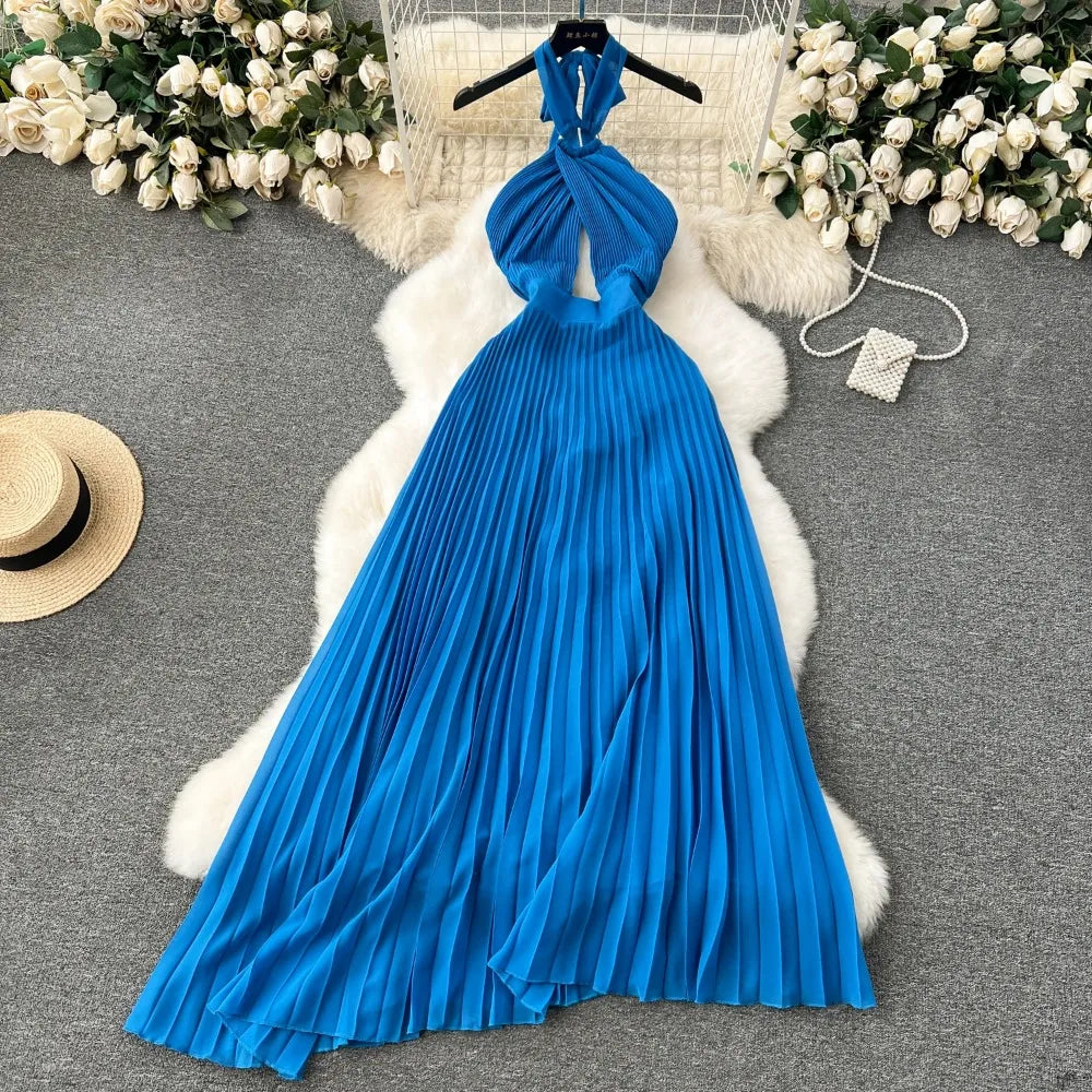 blue pleated halter dress Chandler Pleated Halter Neck Mesh Sheer Maxi Dress