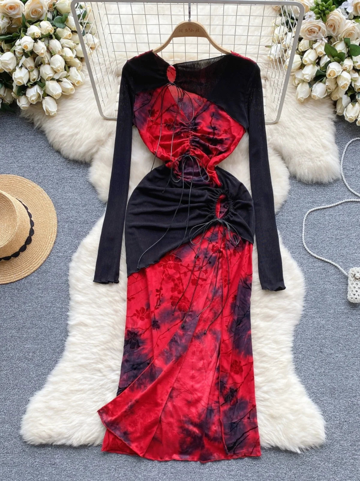 Floral Asymmetrical Long-sleeve Black Red Dress