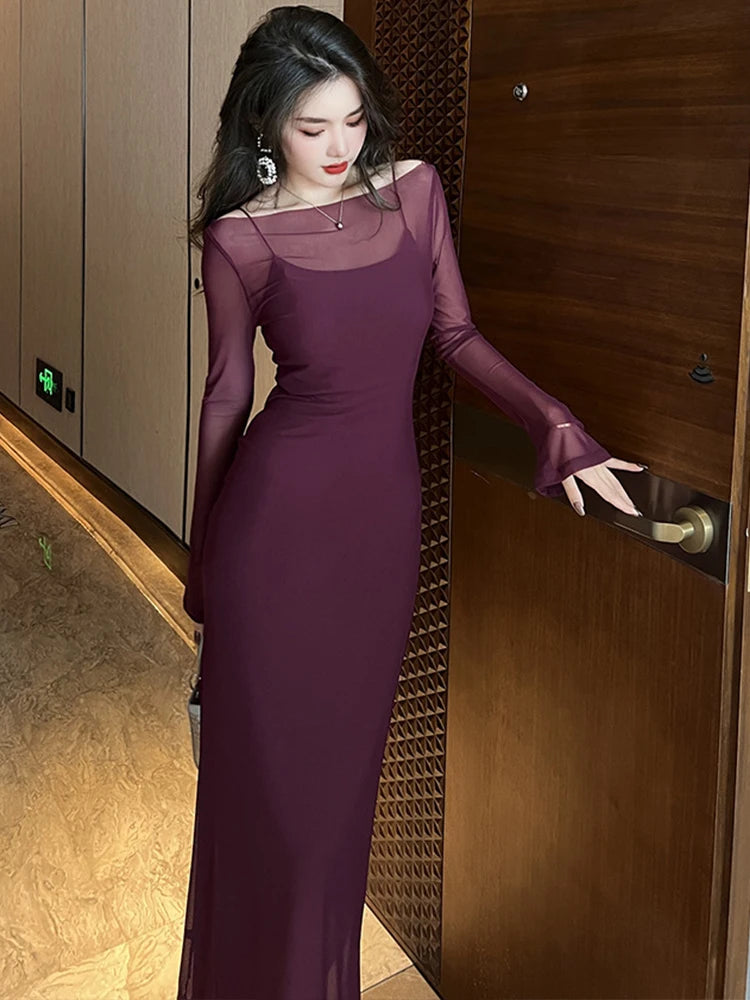 Burgundy Sheer Sleeve Long Evening Gown Dress