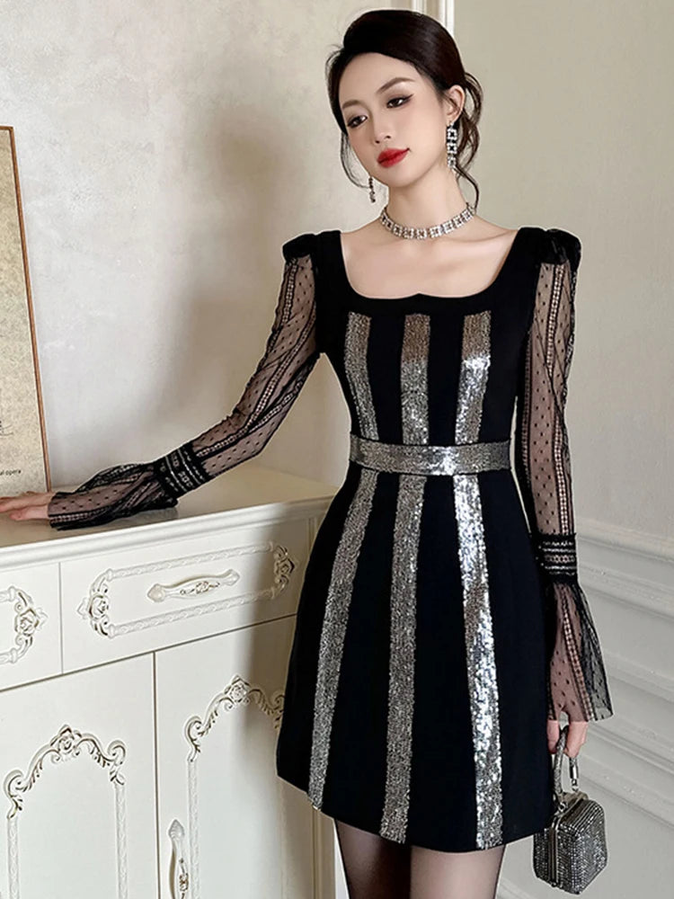 Spring Fashion Lady Black Sequin Evening Short Dress Women Clothes Elegant Sheer Sexy Square Collar Slim Party Prom Vestidos