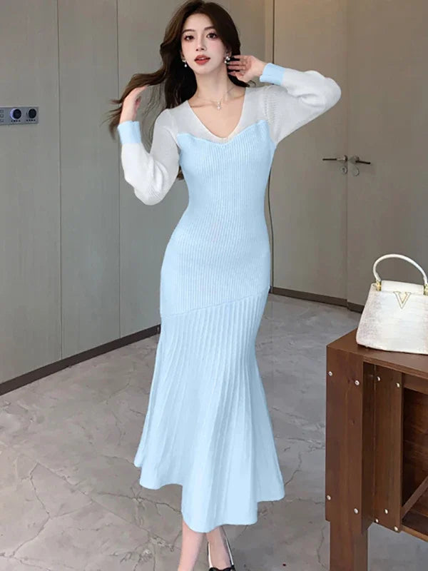 Blue Knit Maxi Dress With Sheer Sleeves