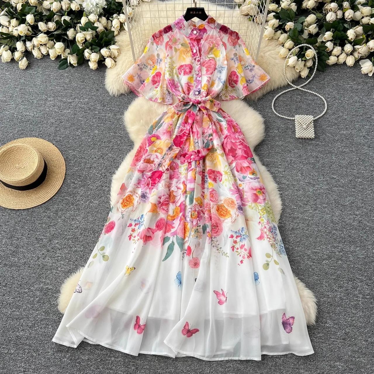 white christmas dresses Casual Butterfly Sleeve High Waist Chiffon Dress – HER SHOP