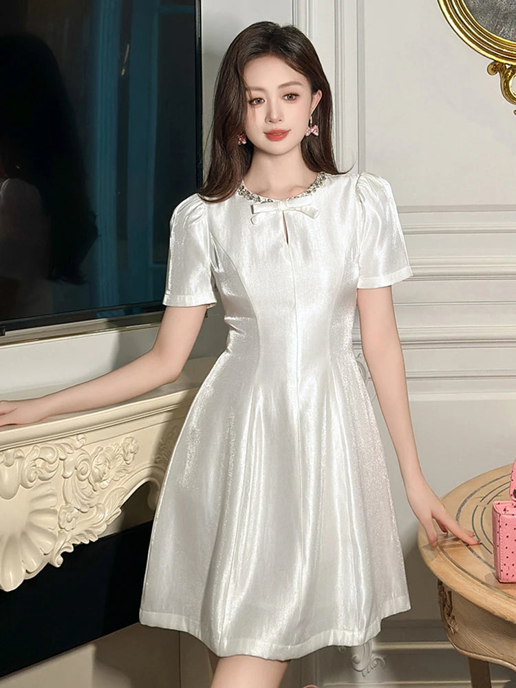 white satin short sleeve dress Ivory Short Sleeve Asymmetric Satin Dress  shopaleena