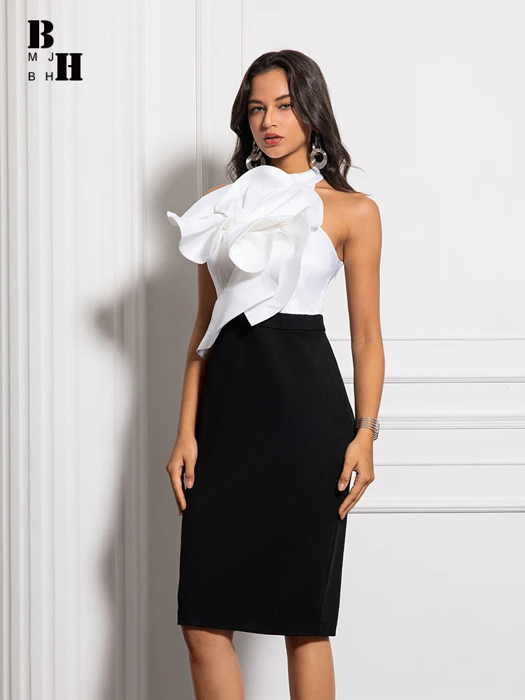 White Ruffled Top Black Pencil Skirt Dress