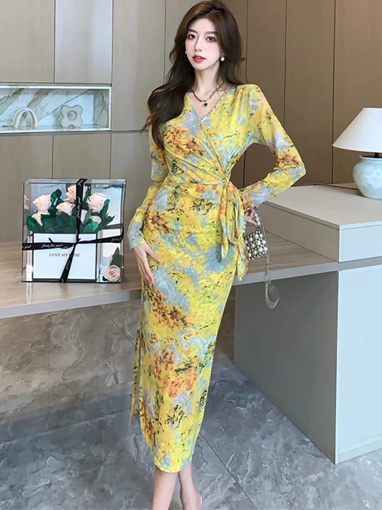 knee length dresses for ladies Lust For Love Navy Long Sleeve Wrap Top Belted Midi Dress