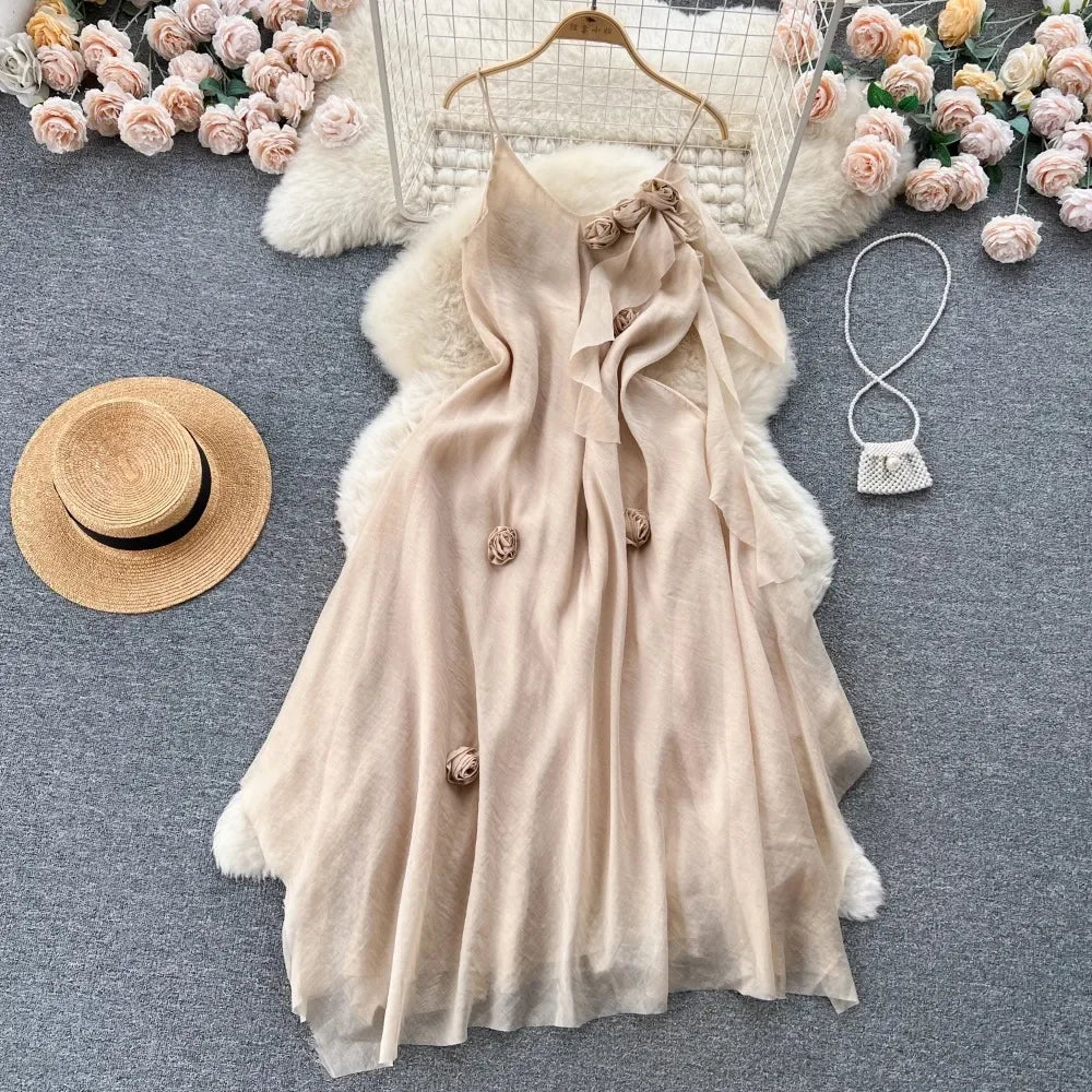 Beige Floral Chiffon Dress With Bow Accents