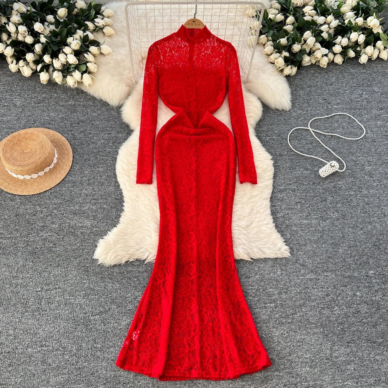 Red Lace Long Sleeve Backless Evening Gown