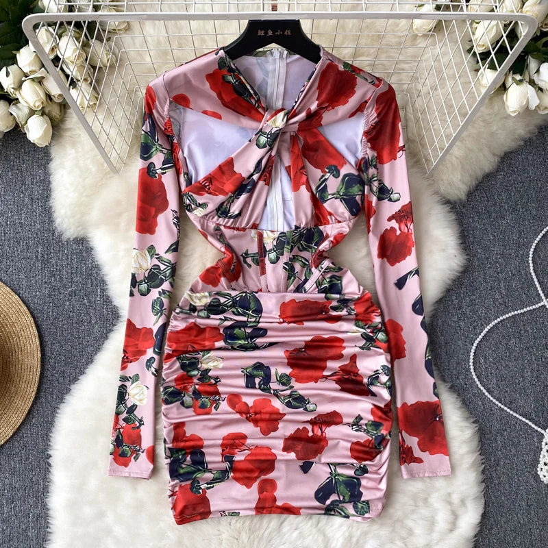 Floral Long-sleeve Cut-out Bodycon Dress Chic on Luulla
