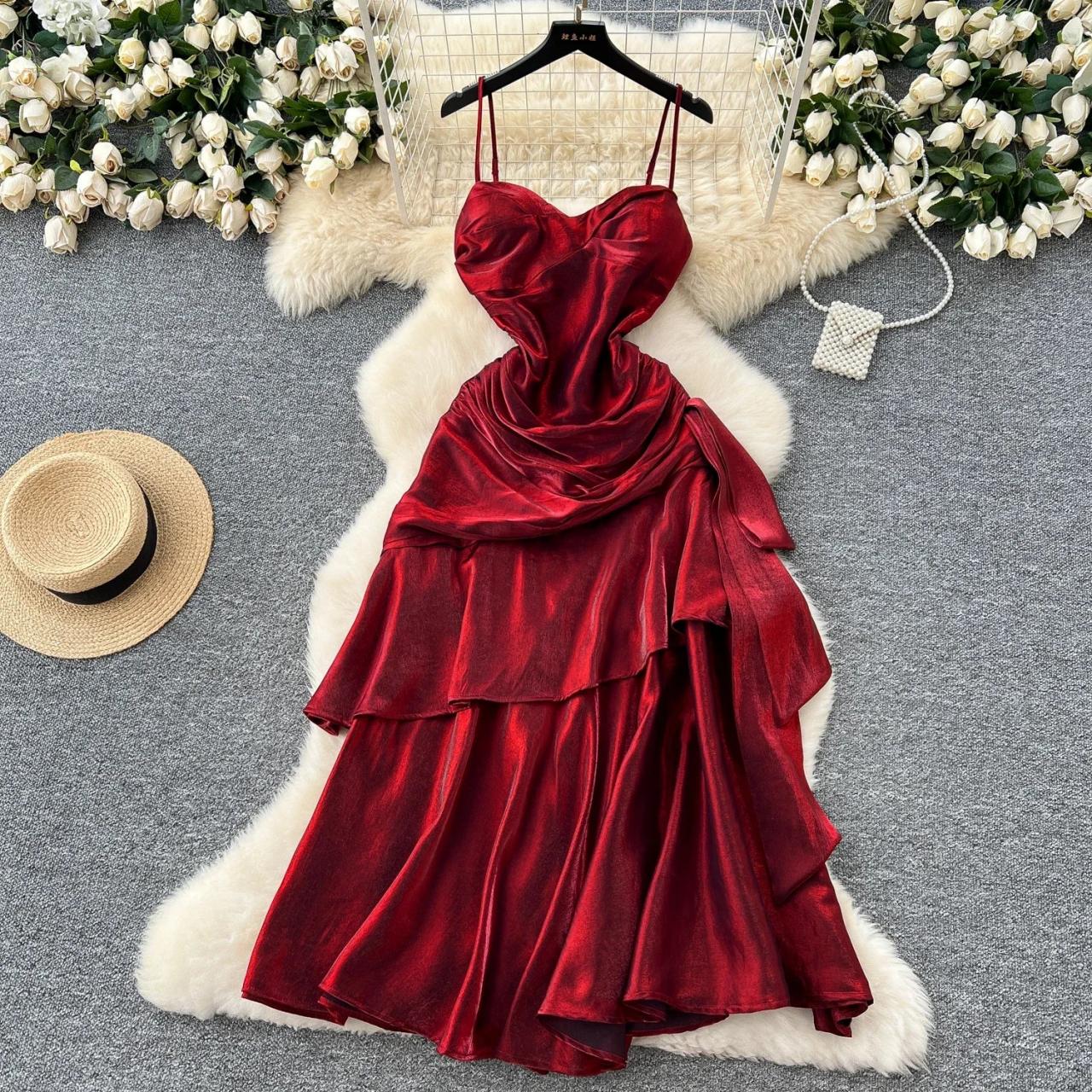 Luxurious Red Satin Layered Maxi Dress