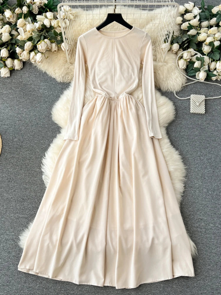 Long Sleeve Soft Satin Beige Maxi Dress