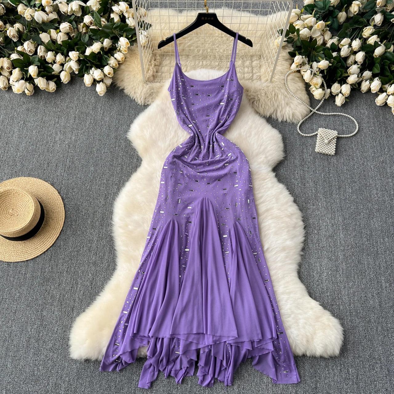 Lilac Sleeveless Glitter Maxi Dress With Ruffles on Luulla