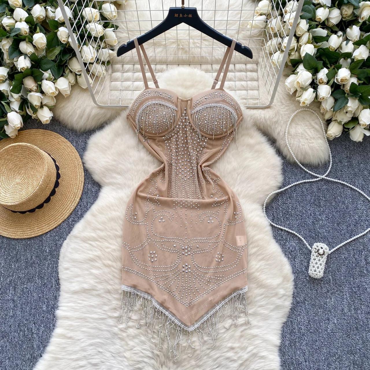 Rhinestone Tassel Bodycon Dress With Spaghetti Straps