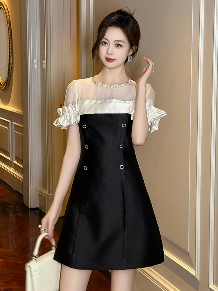Black Ruffle Sleeve Pearl Button Mini Dress
