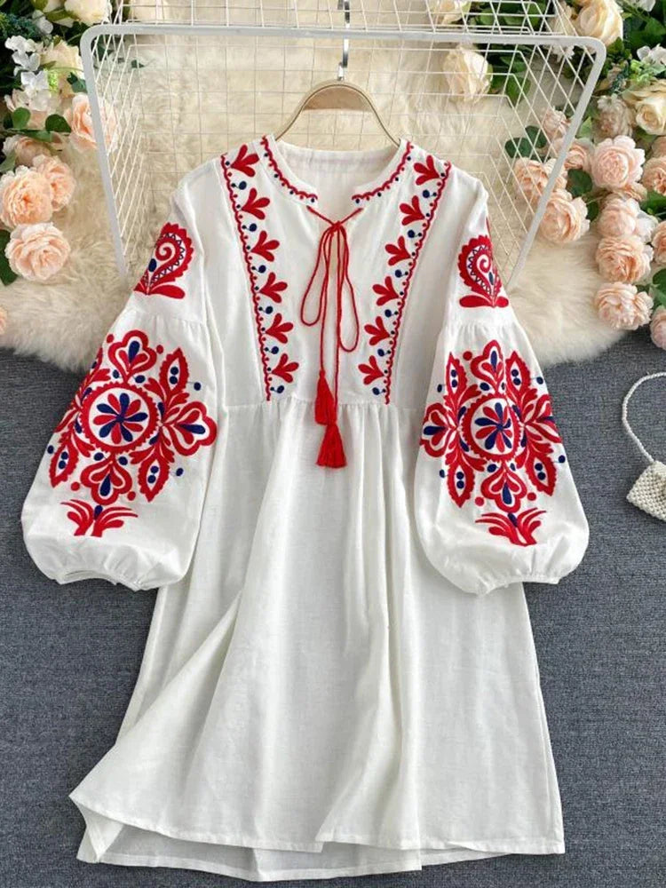 Bohemian Embroidered Long Sleeve Peasant Dress