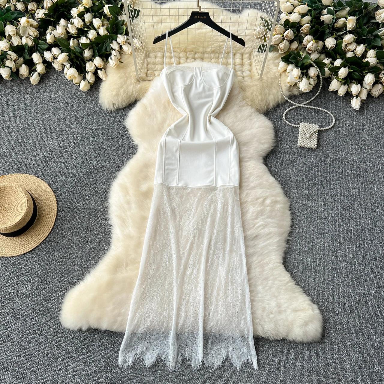 White Satin Sheer Lace Mesh Slip Dress