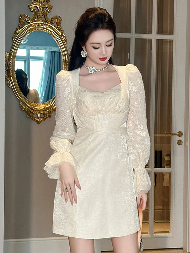 Lace Puff Sleeve White Mini Dress