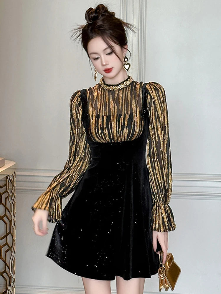 Shimmering Black Velvet Glitter Dress With Sleeves on Luulla
