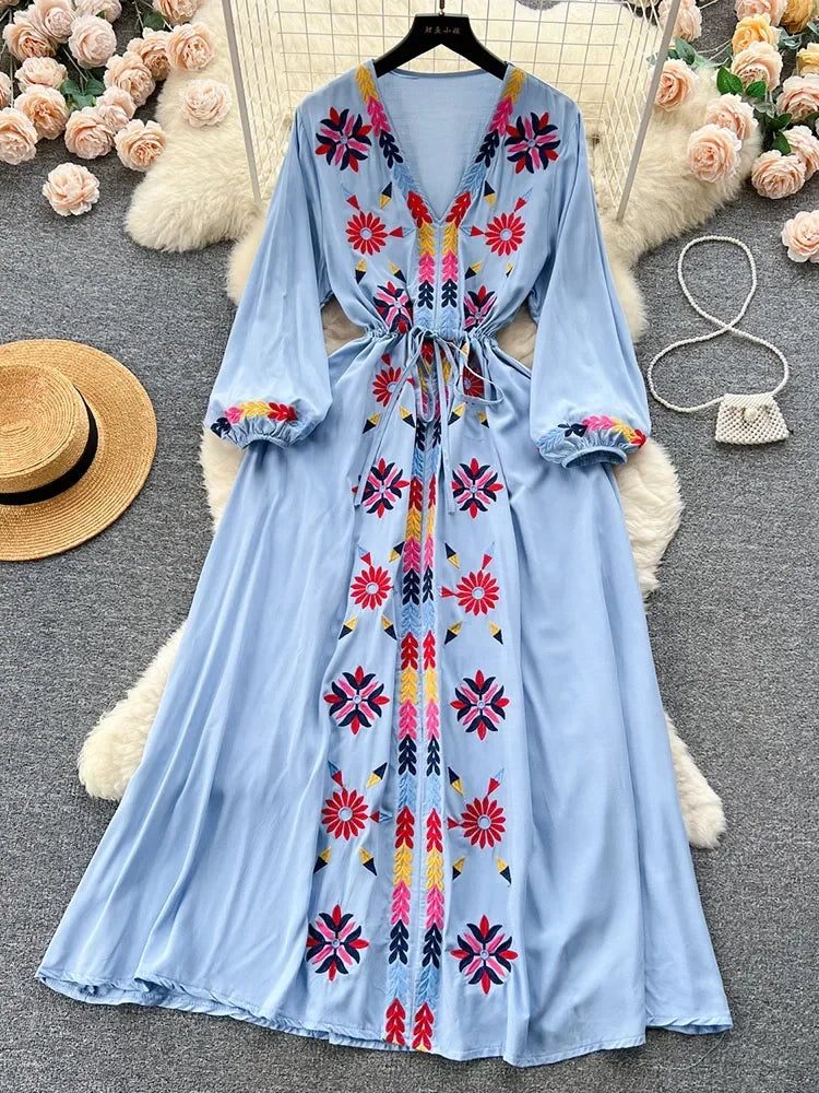 embroidered colorful wedding dress Boho Red Lace Maxi Dress Red / XL